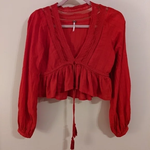 free PEOPLE oberoi red deep v neck boho blouse - Picture 5 of 11